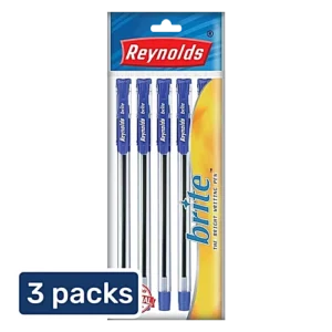 Reynolds Brite Ball Pen - With Comfortable Grip, Smudge Free, Smooth To Write, Blue, 3 x 5 pcs Multipack